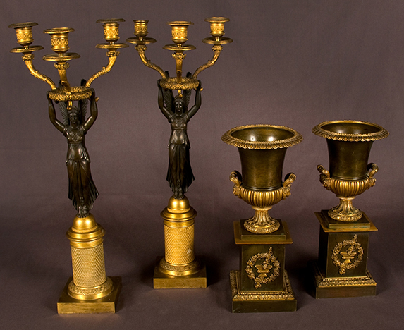 Pair of Empire candelabra and urns