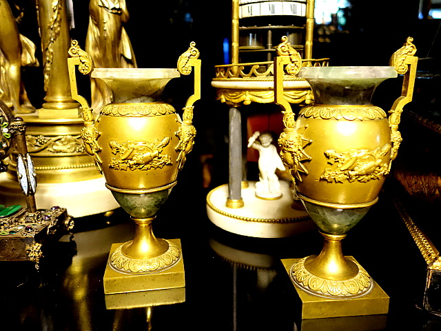 A pair of gilt bronze and spath fluor vases