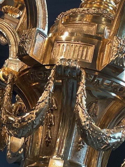 A palatial size pair of gilt bronze Louis XIV chandeliers 