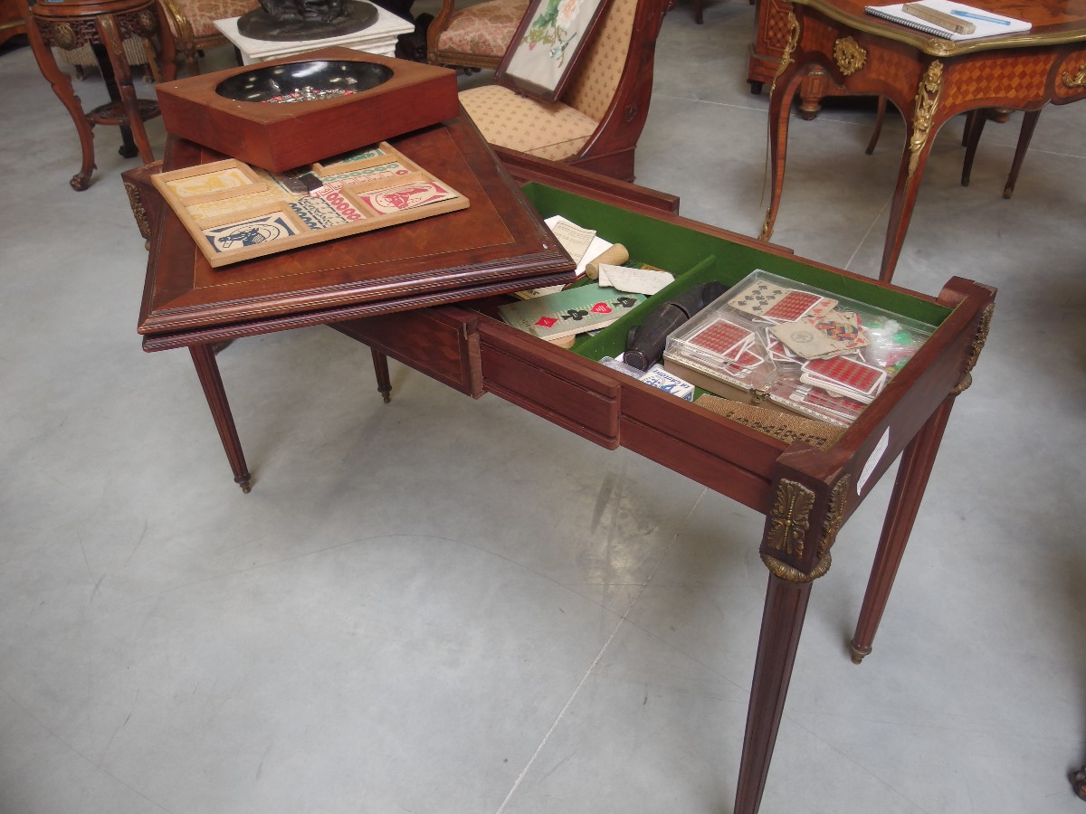 Antique Game Table France Louis XVI style Mahogany Parquetry bronze Mounts