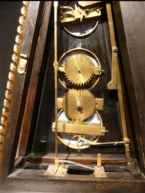 Antique Obelisk Clock with Calendar central seconds and a Musical movement in the base. Signed and dated on the dial Joseph Gouget à la Ferriere sur Risle 1880