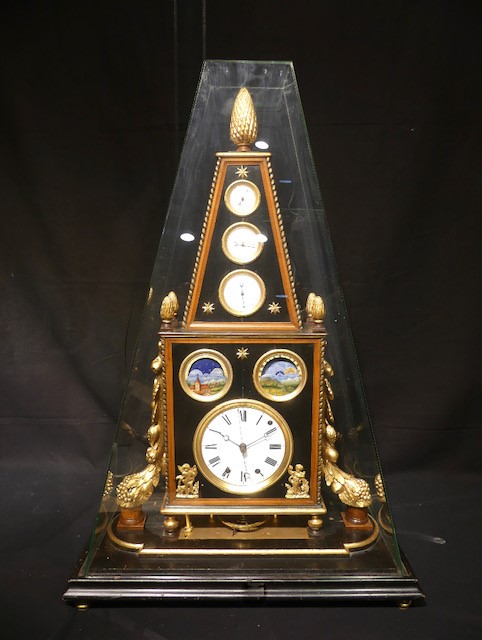 Antique Obelisk Clock with Calendar central seconds and a Musical movement in the base. Signed and dated on the dial Joseph Gouget à la Ferriere sur Risle 1880