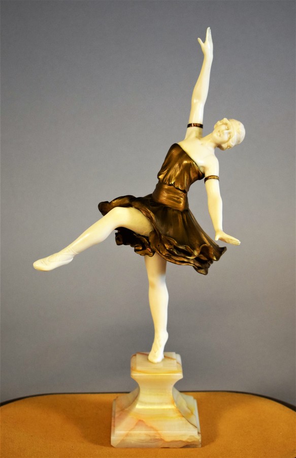 Art Nouveau Patinated Bronze and Ivory Statue of a Ballet Dancer signed L. Sosson