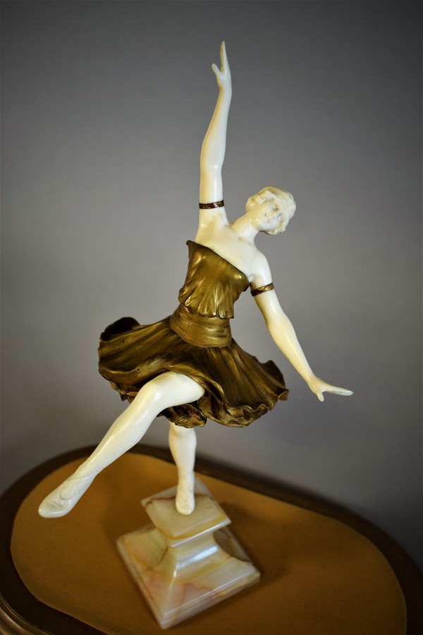 Art Nouveau Patinated Bronze and Ivory Statue of a Ballet Dancer signed L. Sosson