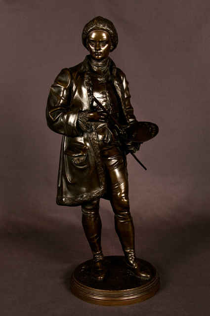 Bronze sculpture of a standing artist holding his paint palette signed Salmson