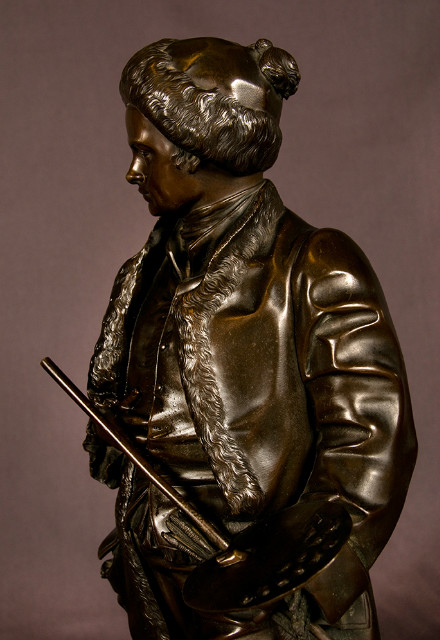 Bronze sculpture of a standing artist holding his paint palette signed Salmson