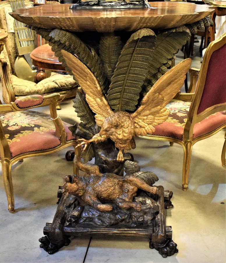 Console Table Carved and Polychromed Wood Shell shaped Top Uwith Eagle Attacking Bear and Ferns Austria or Italy 19th Century