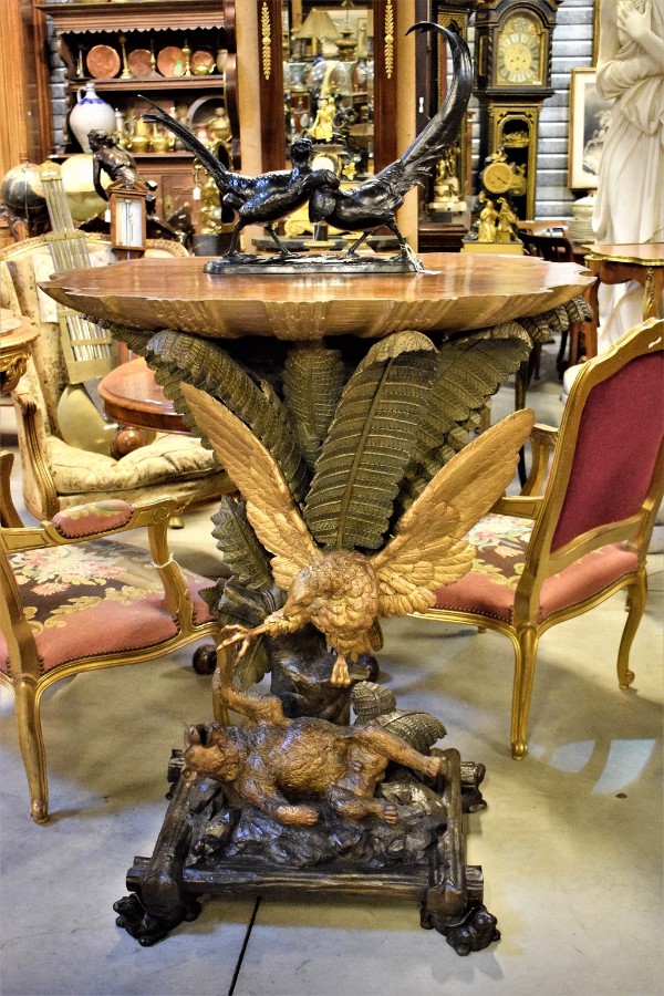 Console Table Carved and Polychromed Wood Shell shaped Top Uwith Eagle Attacking Bear and Ferns Austria or Italy 19th Century