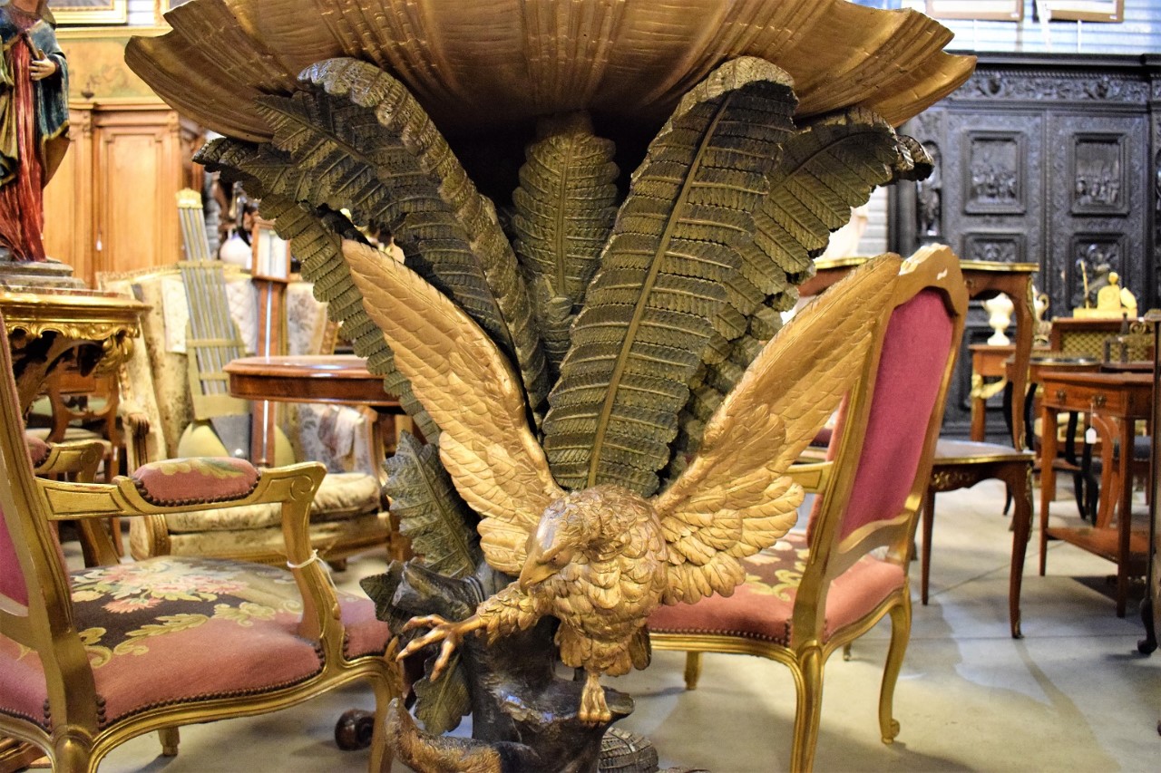 Console Table Carved and Polychromed Wood Shell shaped Top Uwith Eagle Attacking Bear and Ferns Austria or Italy 19th Century