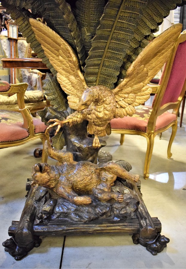 Console Table Carved and Polychromed Wood Shell shaped Top Uwith Eagle Attacking Bear and Ferns Austria or Italy 19th Century