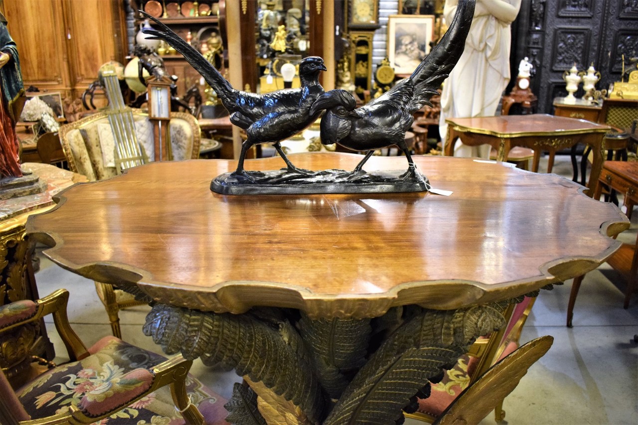 Console Table Carved and Polychromed Wood Shell shaped Top Uwith Eagle Attacking Bear and Ferns Austria or Italy 19th Century