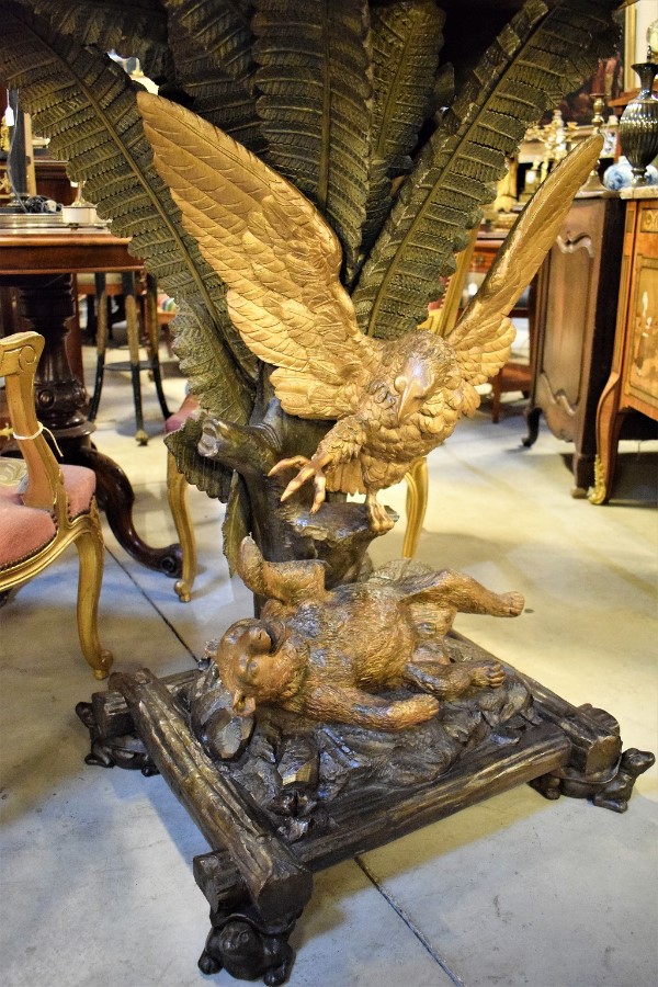 Console Table Carved and Polychromed Wood Shell shaped Top Uwith Eagle Attacking Bear and Ferns Austria or Italy 19th Century