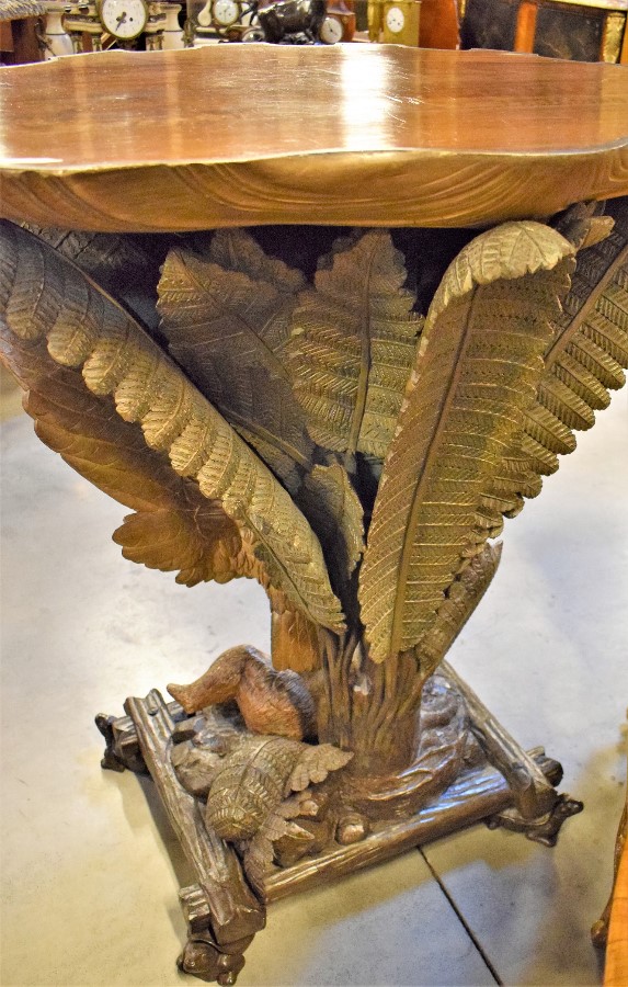 Console Table Carved and Polychromed Wood Shell shaped Top Uwith Eagle Attacking Bear and Ferns Austria or Italy 19th Century