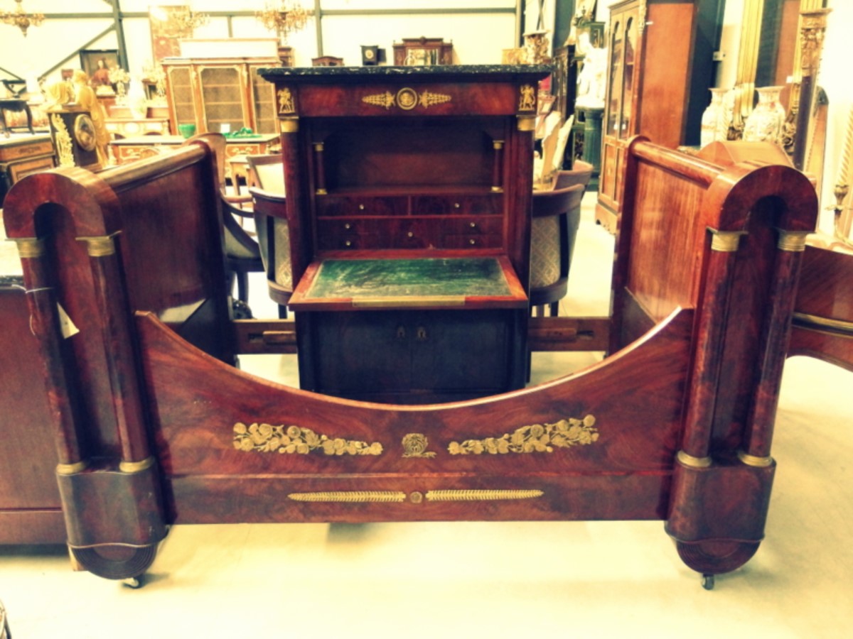 Empire period mahogany and ormolu bed with commode and writing chest France ca .1810-1820