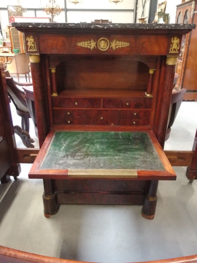 Empire period mahogany and ormolu bed with commode and writing chest France ca .1810-1820