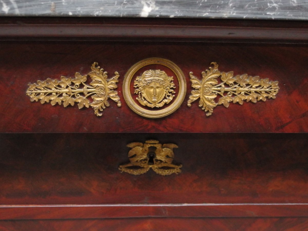 Empire period mahogany and ormolu bed with commode and writing chest France ca .1810-1820