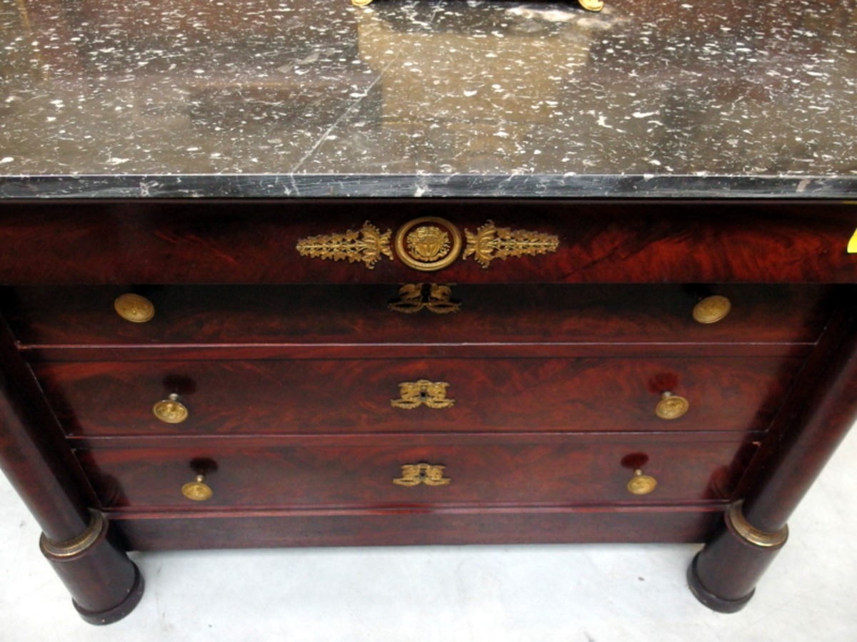 Empire period mahogany and ormolu bed with commode and writing chest France ca .1810-1820