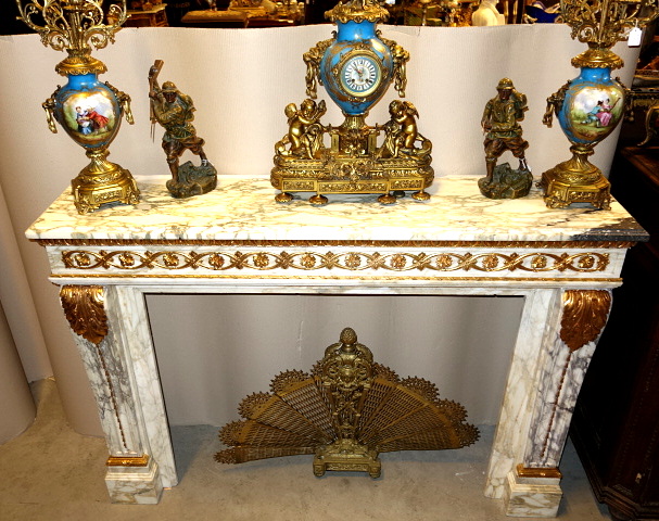 Fire Mantle Marble and Gilt Bronze Ornaments Louis XVI style France 