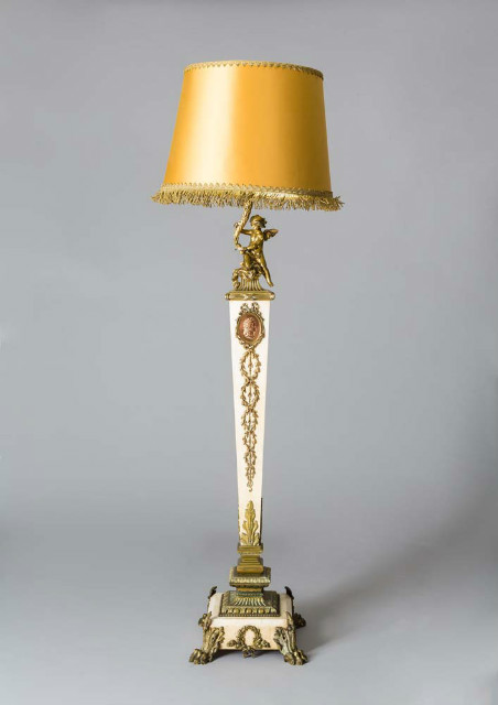 Louis XVI Style Standing Lamp Marble and Bronze Ornaments Cherub Holding the Light France circa 1900