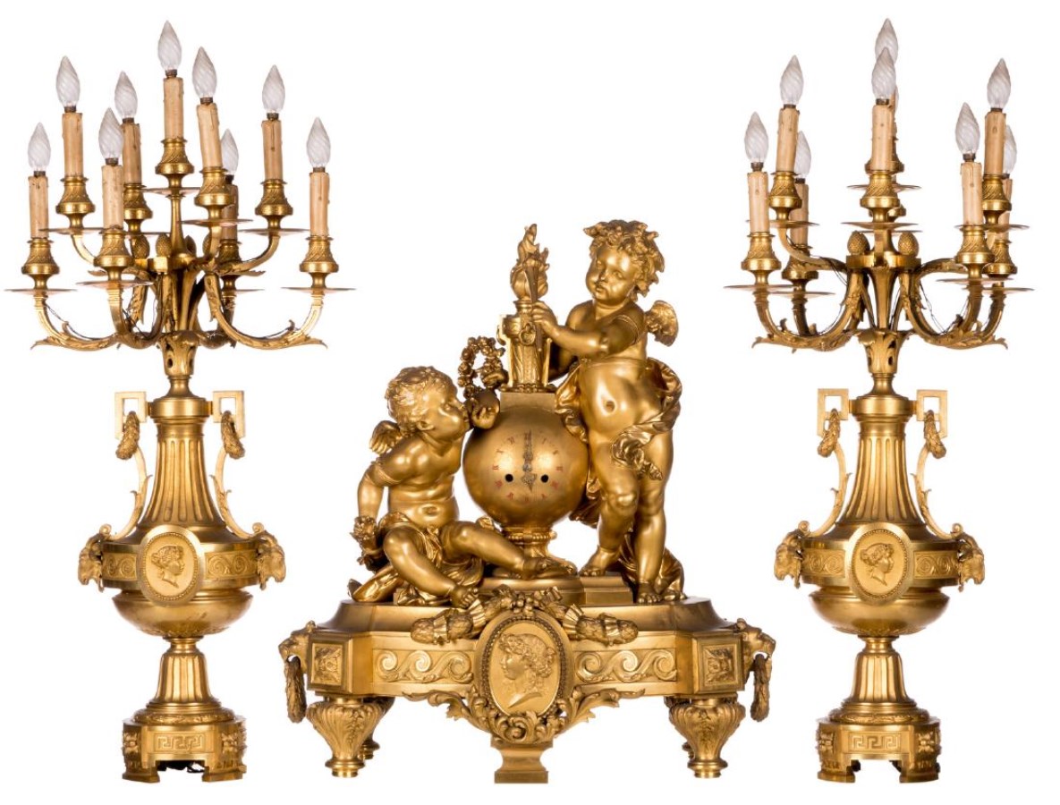 Mantel Clock Garniture Ormolu Louis XVI with Putti Neo-Classical Style France 19th Century Napoleon III period