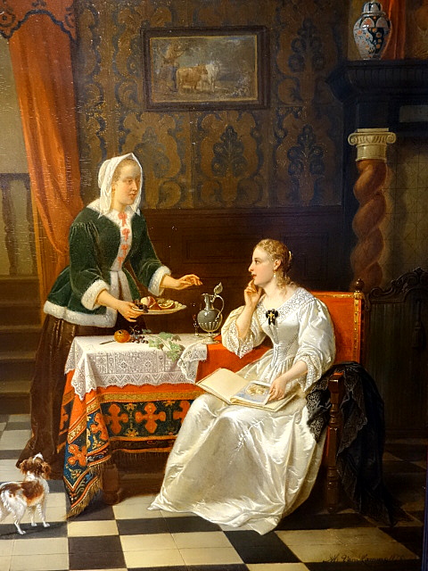 Painting signed Alexis Van Hamme Interior Scene with two Ladies