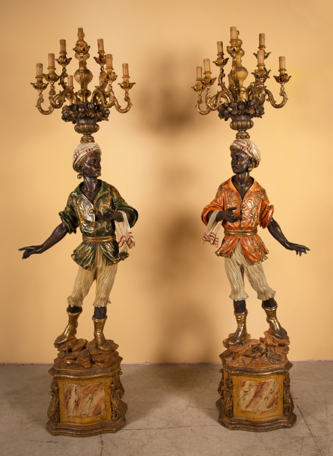 Pair of Italian Blackamoor Torcheres Polychromed Carved Wood 