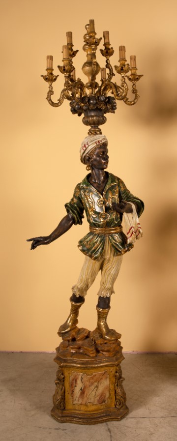 Pair of Italian Blackamoor Torcheres Polychromed Carved Wood 