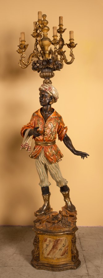 Pair of Italian Blackamoor Torcheres Polychromed Carved Wood 
