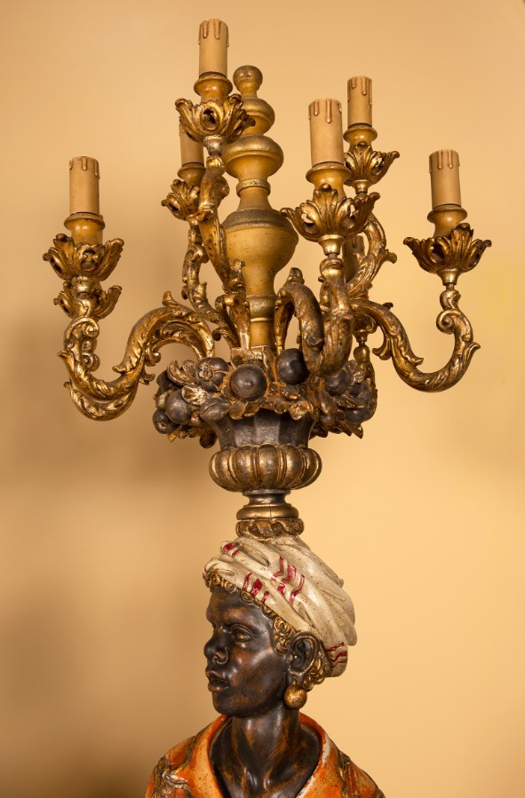 Pair of Italian Blackamoor Torcheres Polychromed Carved Wood 