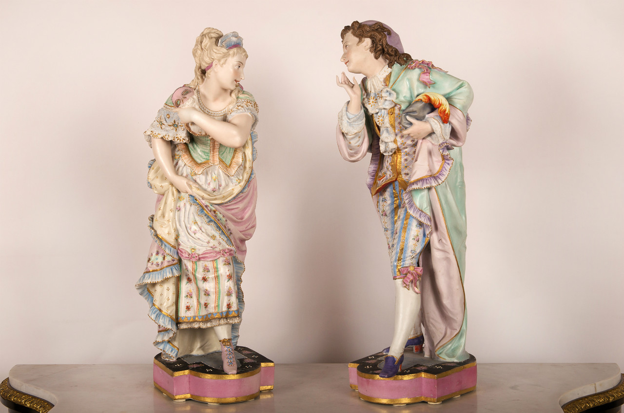 Pair of painted biscuit porcelain statues,  marked Vion et Baury , Paris 19th century