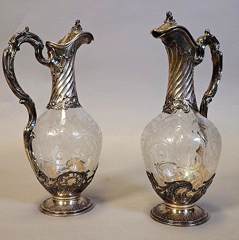 Pair of solid silcer and crystal ewers