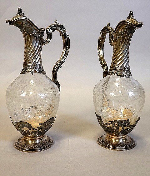 Pair of solid silcer and crystal ewers