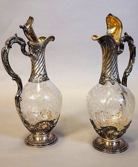Pair of solid silcer and crystal ewers