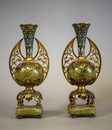 Pair of Vases Oriental Style Onyx Brass and Champleve Enamel France 19th Century