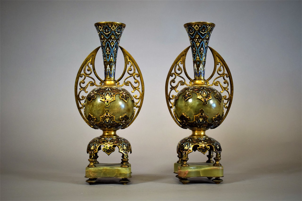 Pair of Vases Oriental Style Onyx Brass and Champleve Enamel France 19th Century