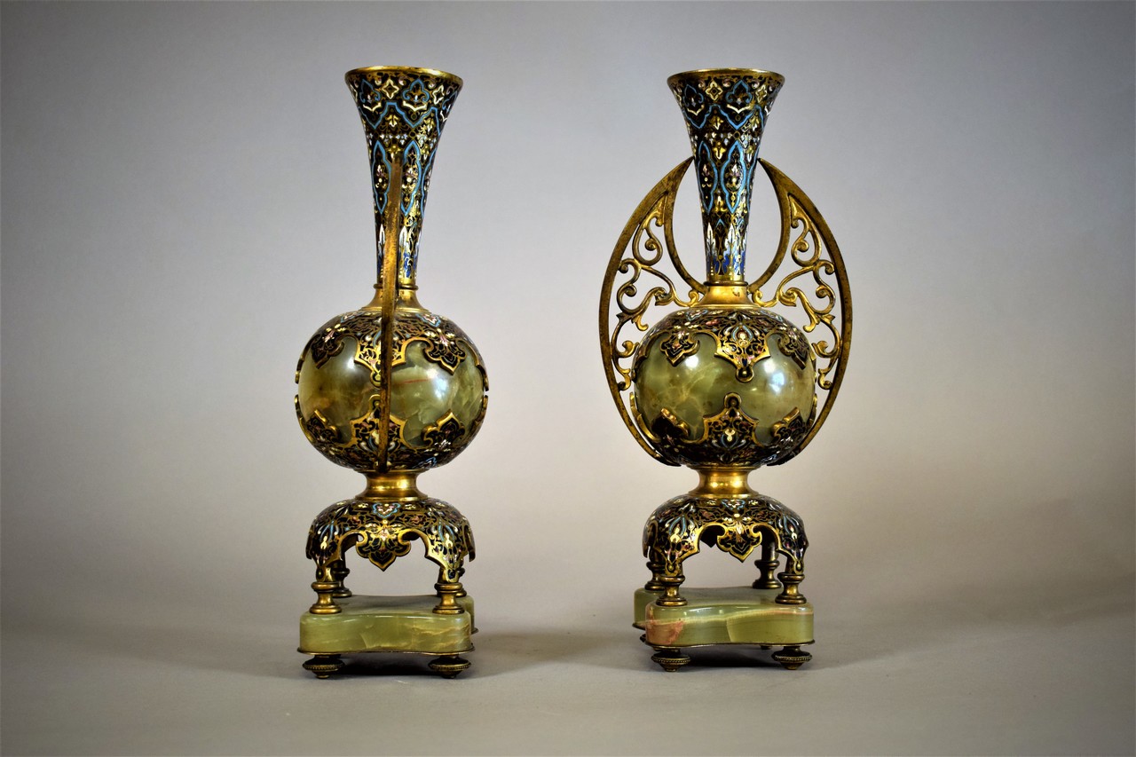Pair of Vases Oriental Style Onyx Brass and Champleve Enamel France 19th Century