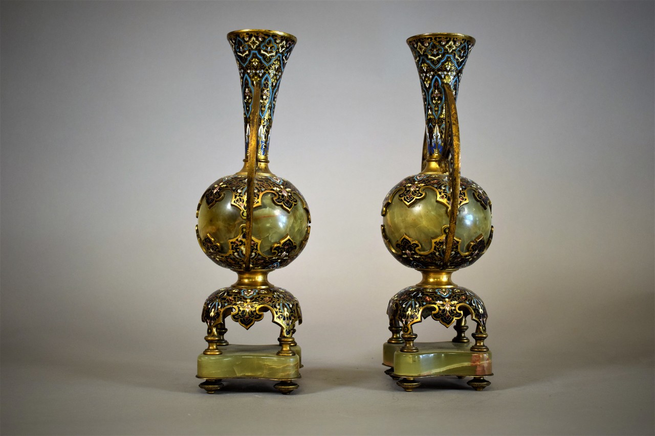 Pair of Vases Oriental Style Onyx Brass and Champleve Enamel France 19th Century