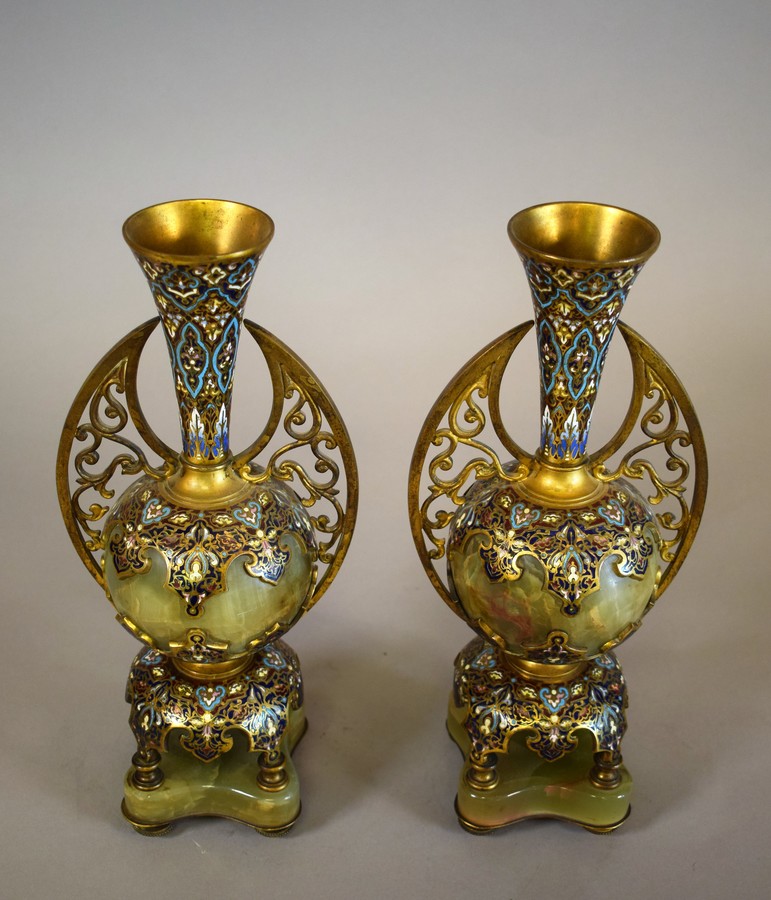 Pair of Vases Oriental Style Onyx Brass and Champleve Enamel France 19th Century