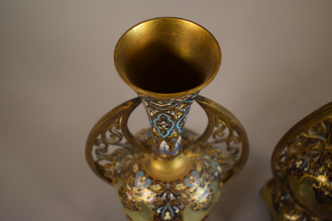 Pair of Vases Oriental Style Onyx Brass and Champleve Enamel France 19th Century