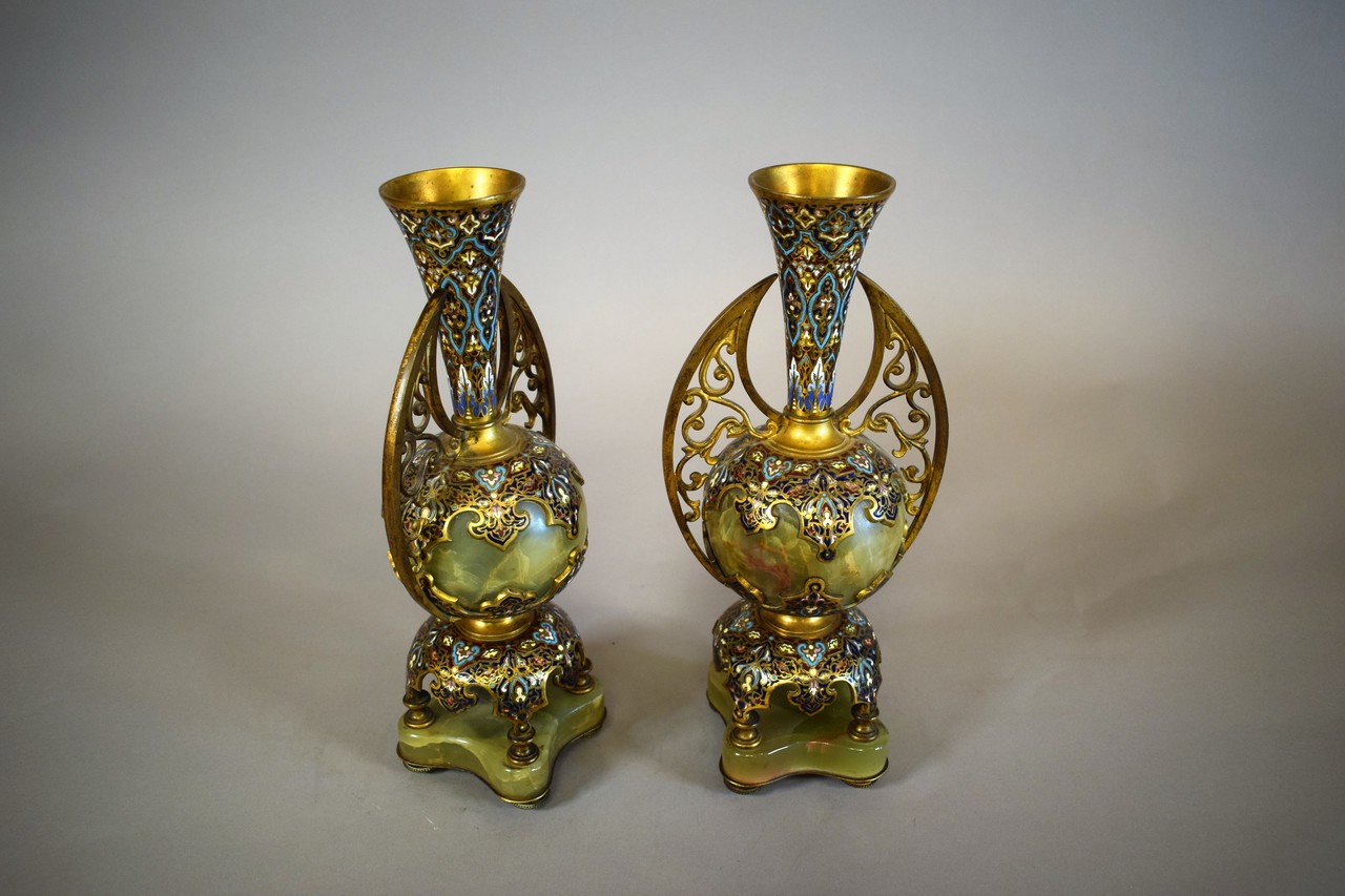 Pair of Vases Oriental Style Onyx Brass and Champleve Enamel France 19th Century
