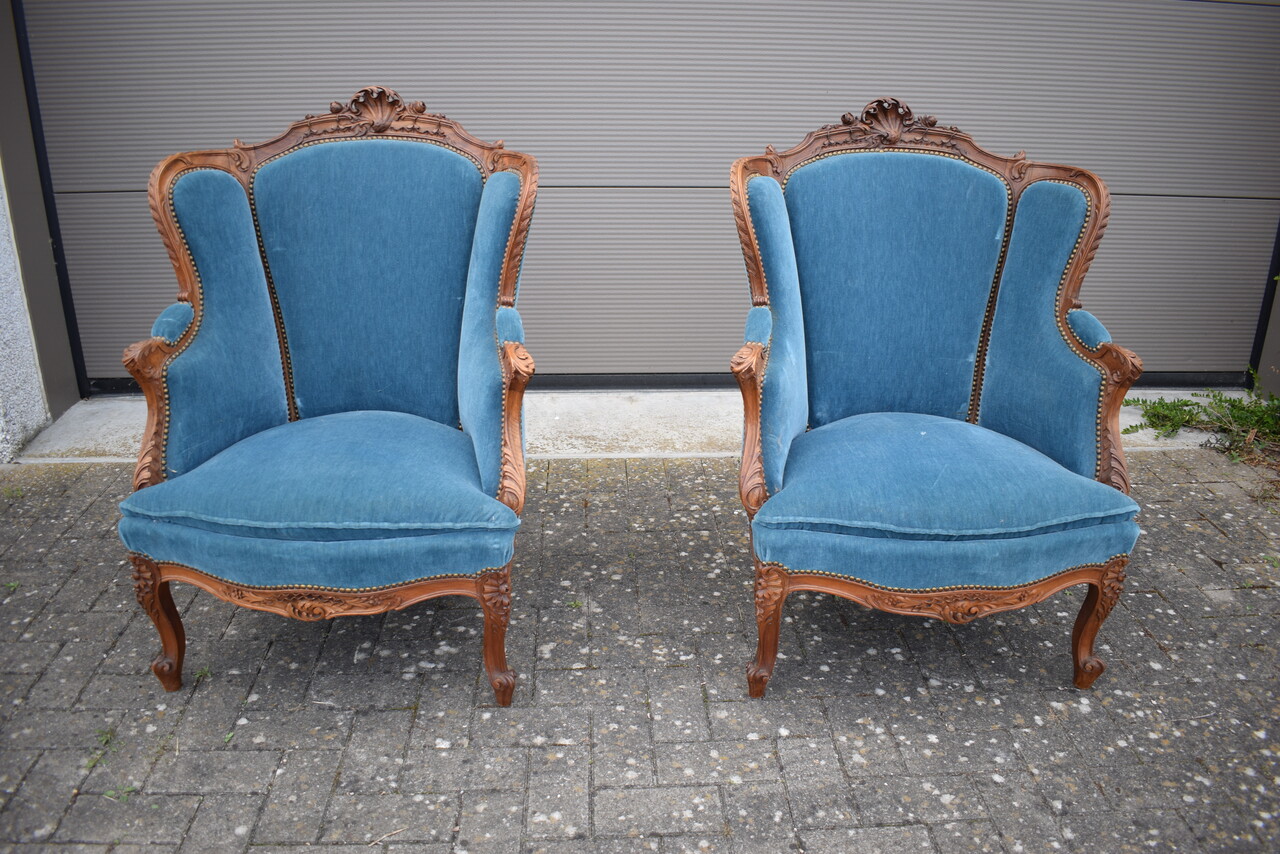Pair of walnut Louis XV style armchairs