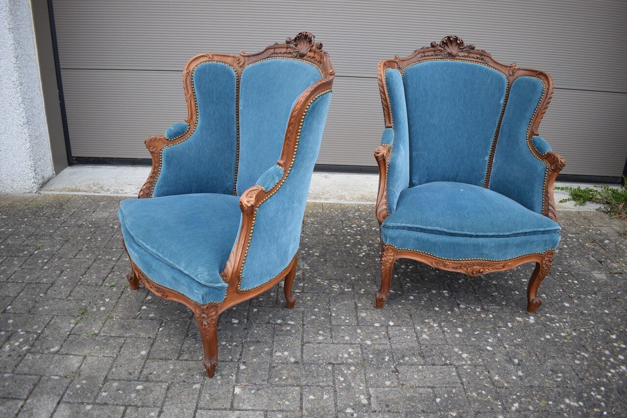 Pair of walnut Louis XV style armchairs