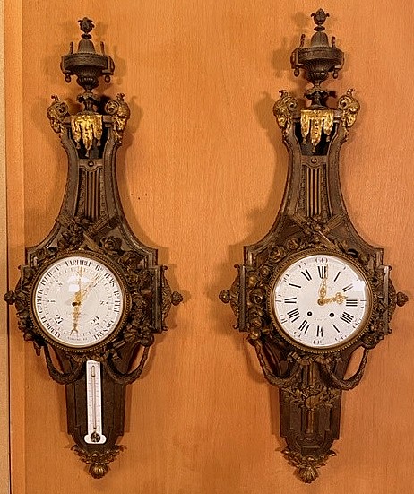 Palatial size barometer and wal clock in patinated and partially gilt bronze