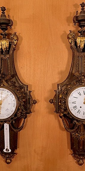 Palatial size barometer and wal clock in patinated and partially gilt bronze