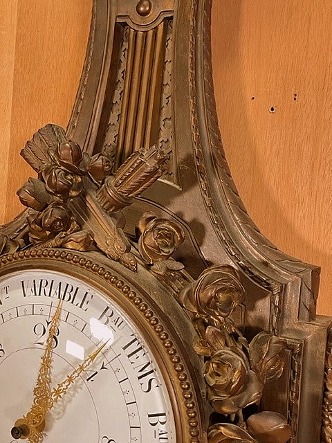 Palatial size barometer and wal clock in patinated and partially gilt bronze