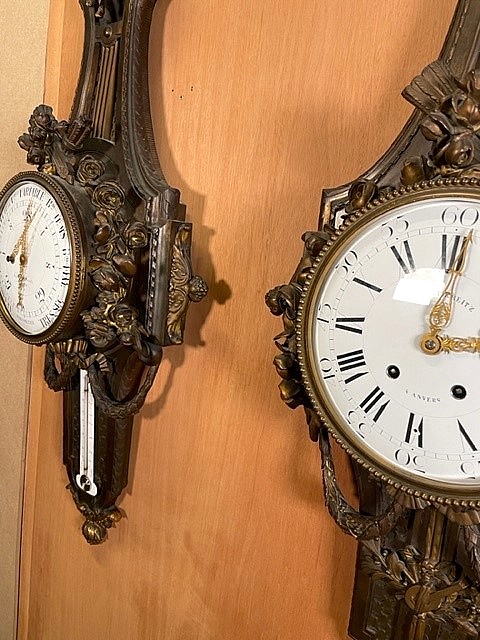 Palatial size barometer and wal clock in patinated and partially gilt bronze