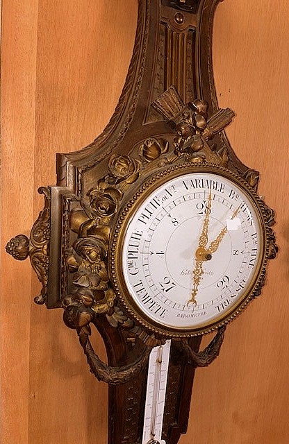 Palatial size barometer and wal clock in patinated and partially gilt bronze