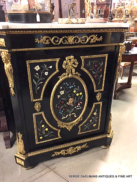 Pietra Dura Marble Cabinet Blackened Wood Bronze Mounts France 19th Century Napoleon III Period