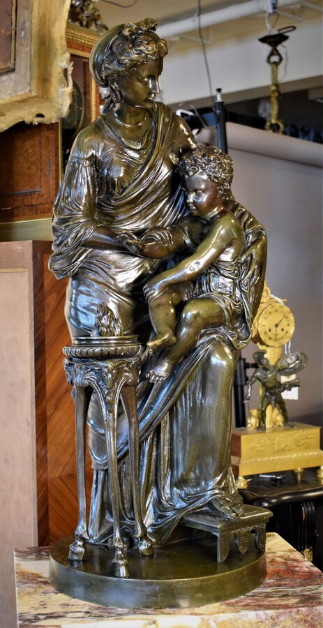 Sculpture Neo-Classical by Louis Sauvageau Lady holding Amor back from Fire