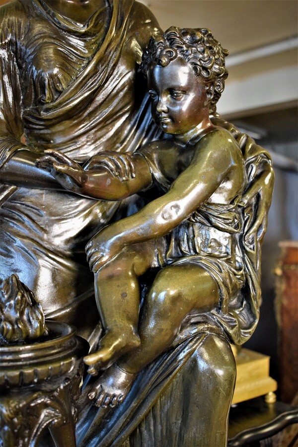 Sculpture Neo-Classical by Louis Sauvageau Lady holding Amor back from Fire